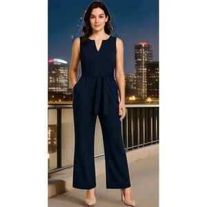 London Times Navy Metallic Sleeveless Jumpsuit Size 10 | Shimmer Wide-Leg Formal